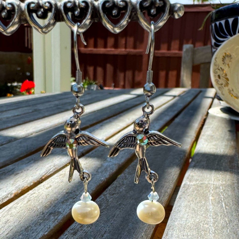 Soaring Bird/Dove Earrings with Cultured Pearl Accent
